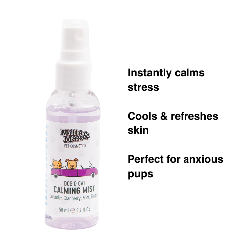 Bottle of Milla & Maxx calming mist for pets on a white background with text about its benefits.