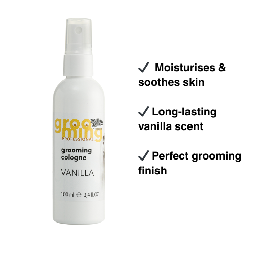 Bottle of grooming cologne with text highlighting its benefits on a white background