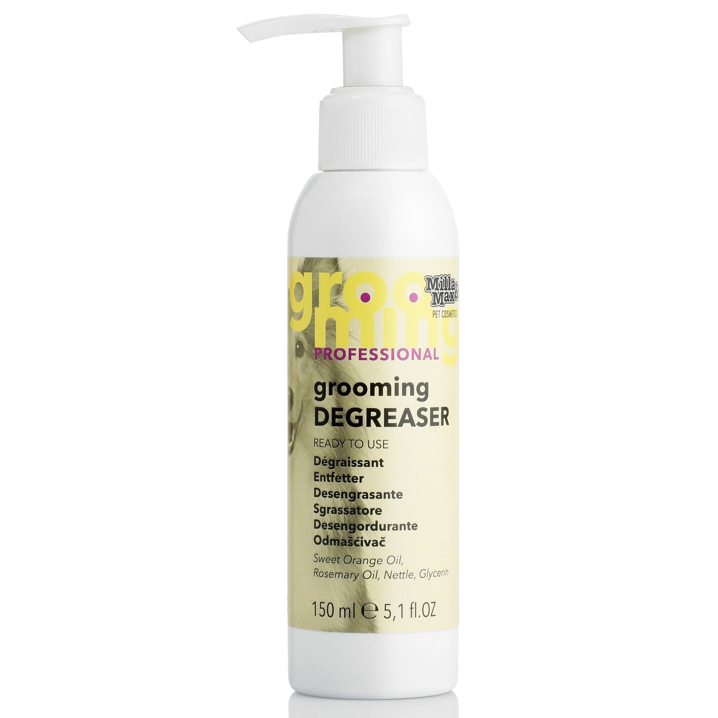 Dispenser of Professional Dog Grooming Degreaser 150ml in front of white background 