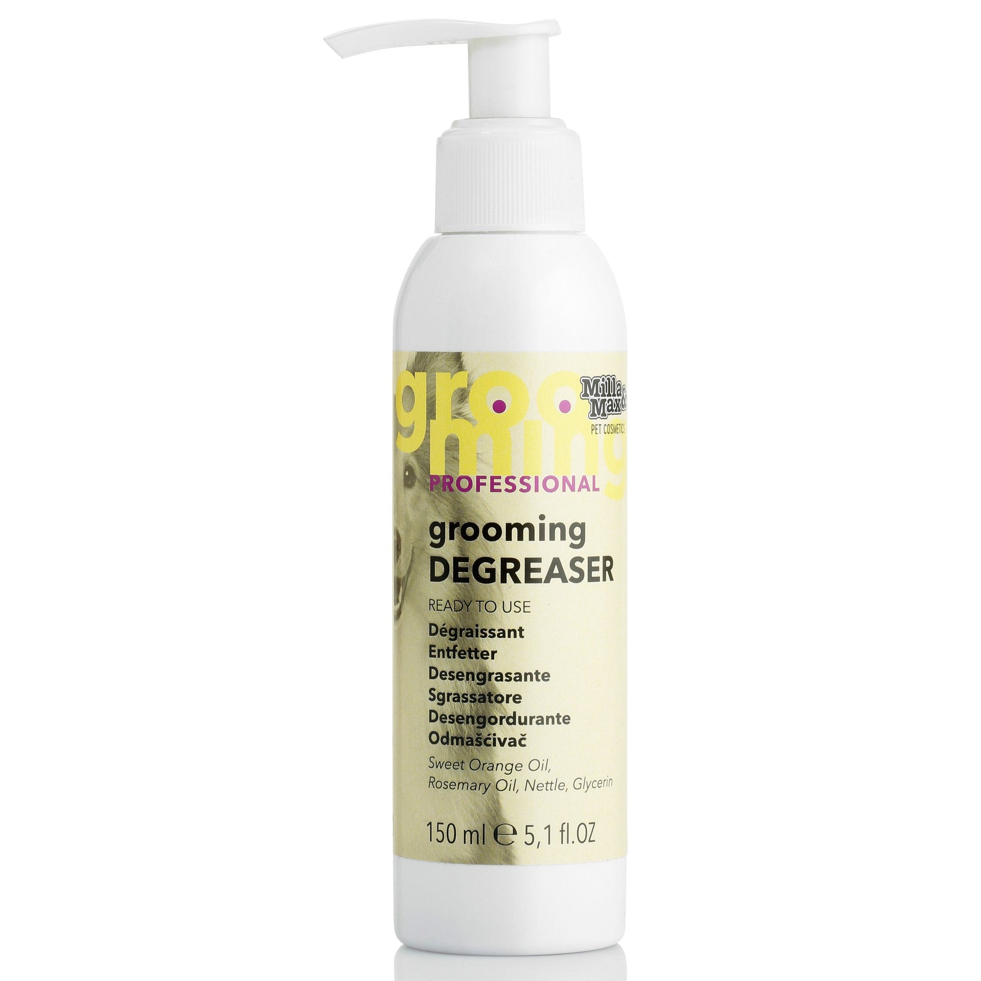 Dispenser of Professional Dog Grooming Degreaser 150ml in front of white background 