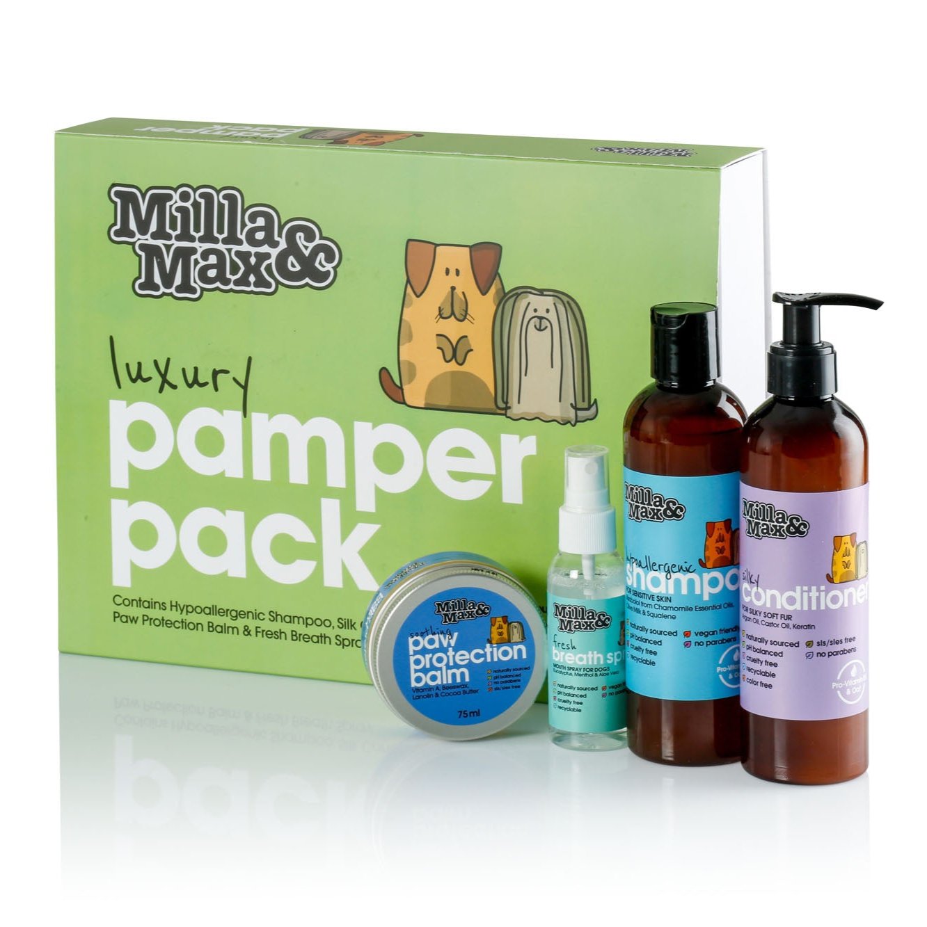 Luxury Gift Set for dogs. Contains Dog Shampoo, conditioner, paw balm and mouth freshener.