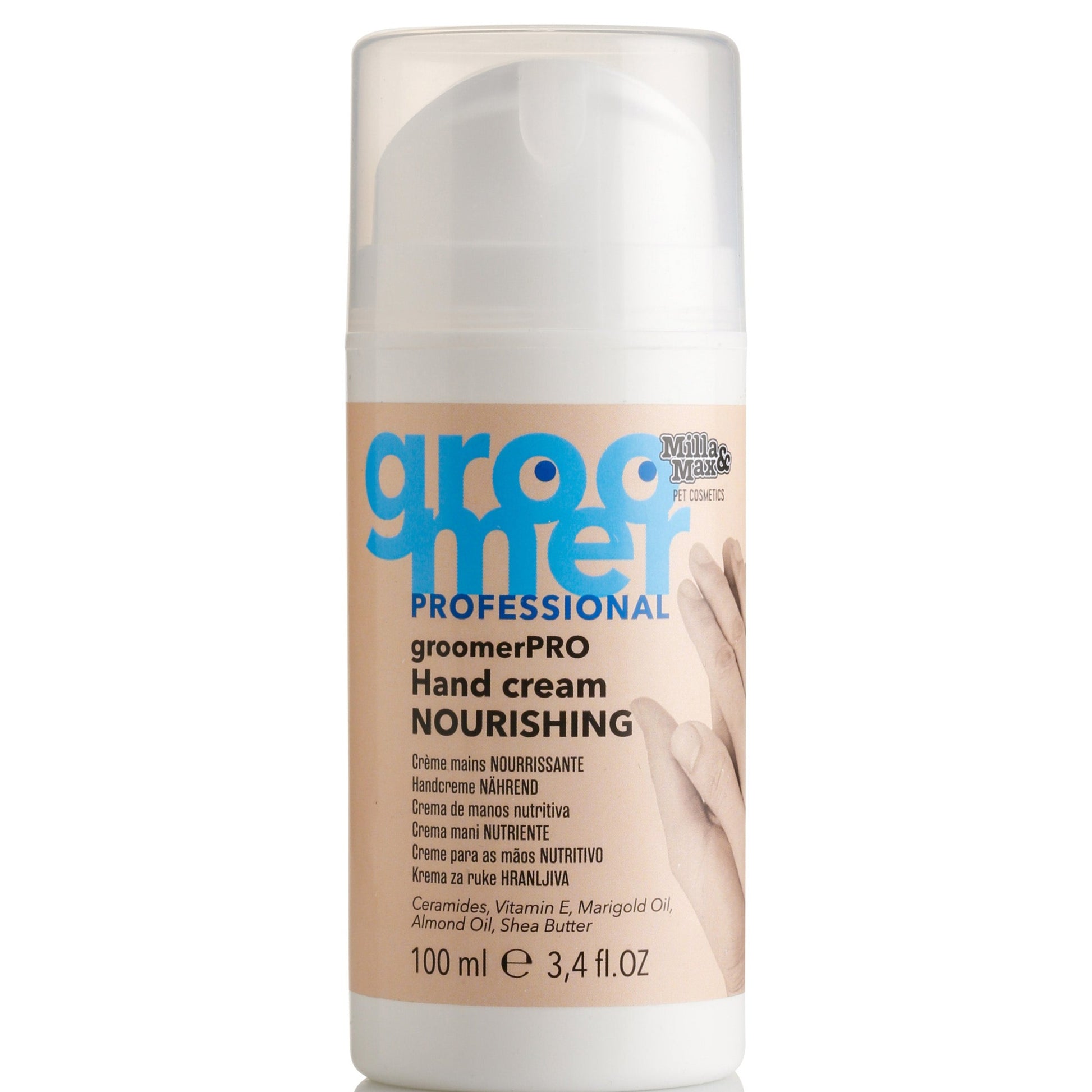 A 100ml bottle of M&M Groomer PRO Hand cream Nourishing in front of white background