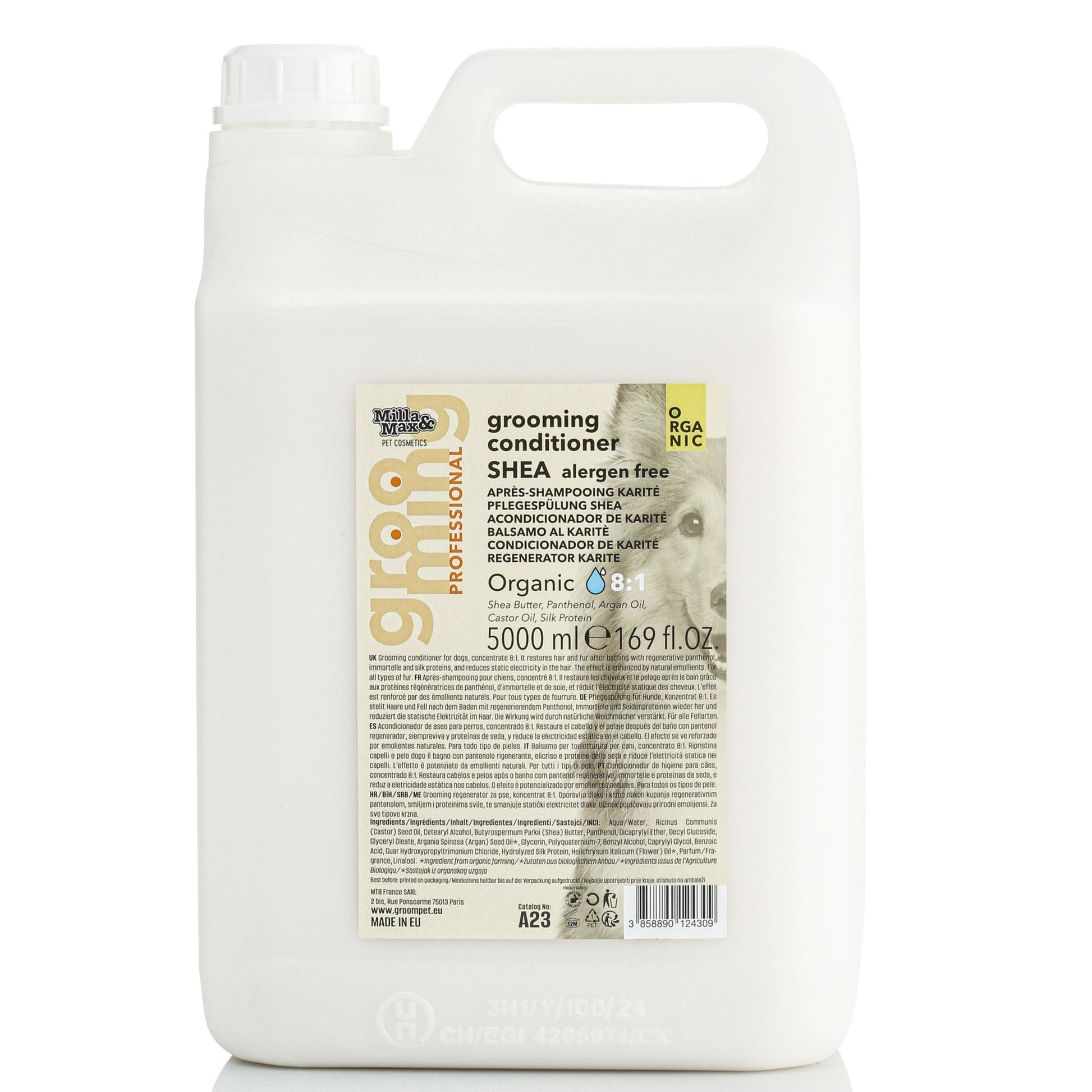 5L Canister of Dog Grooming Conditioner 8:1 Organic Shea in front of a white background