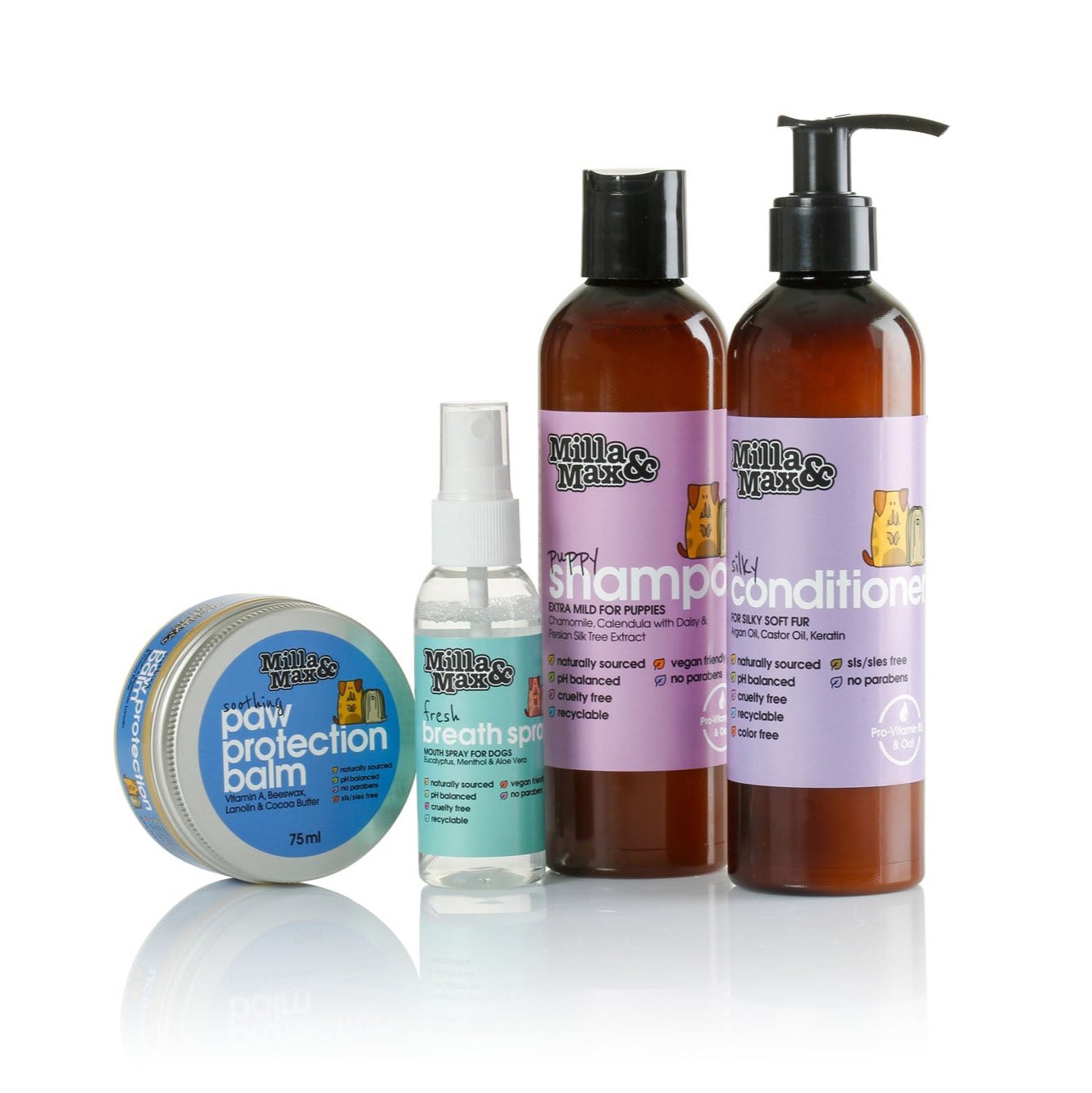 Puppy Set with 4 products for dog: Dog shampoo, conditioner, paw balm & mouth refresher