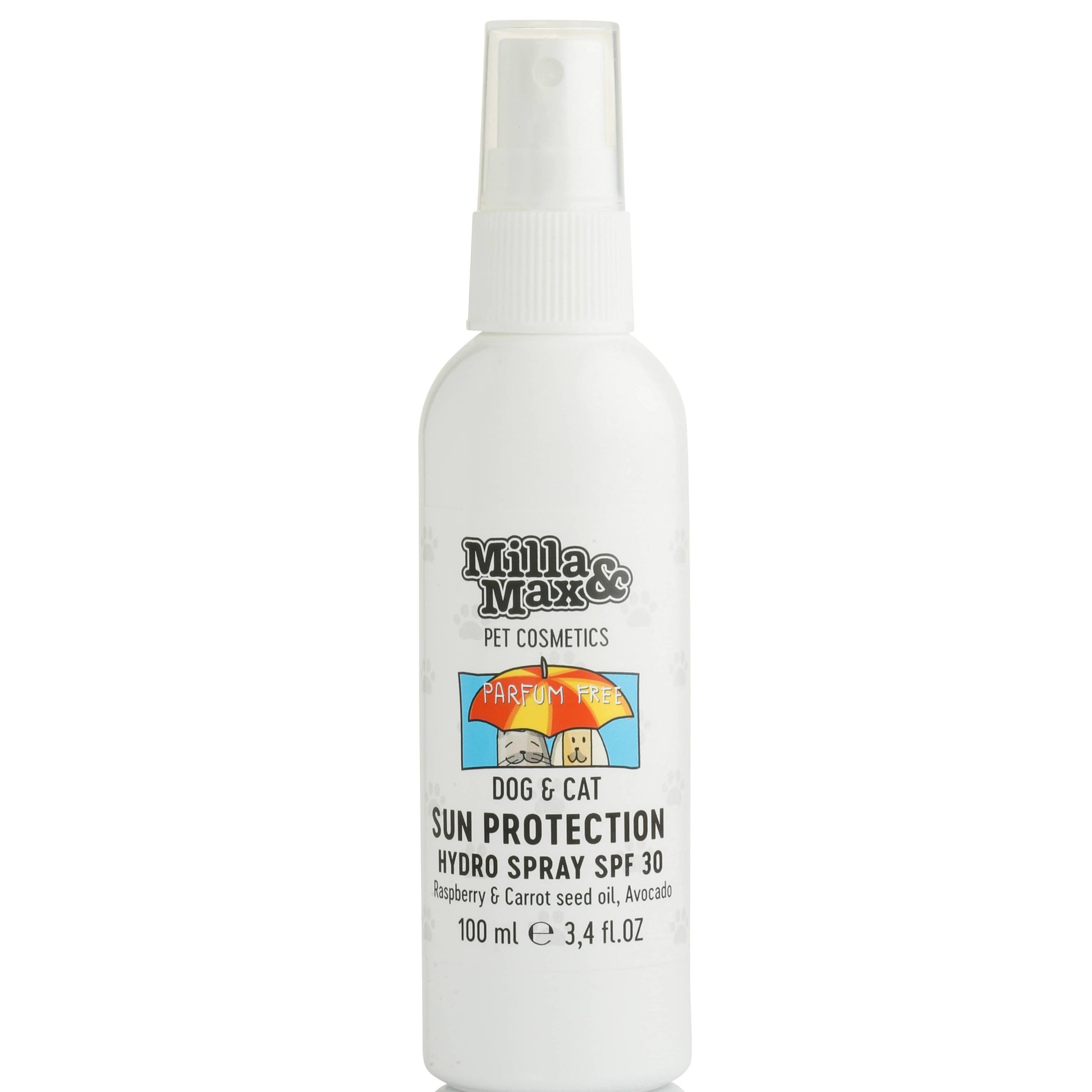 A spray bottl of Sun Protection Nose&Body SPF 30 Hydro Spray 100ml Parfum free in fron of white background