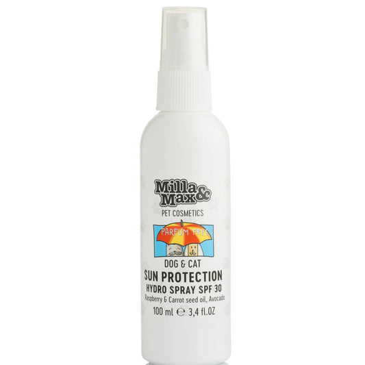 A spray bottl of Sun Protection Nose&Body SPF 30 Hydro Spray 100ml Parfum free in fron of white background