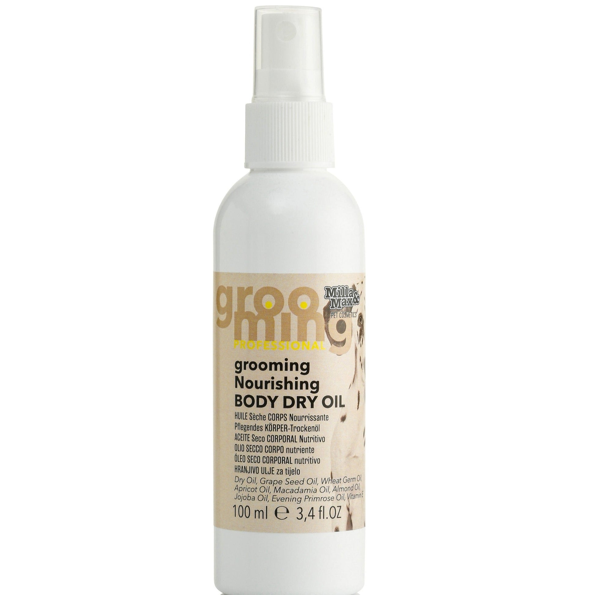 A  100ml spray bottle of Grooming Nourishing Body Dry Oil in front of a white background