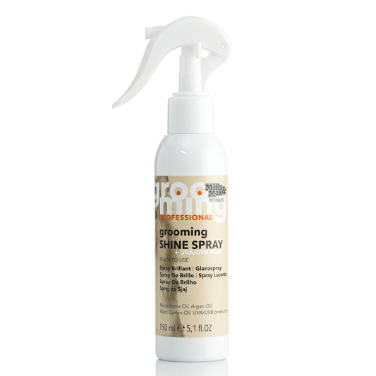 Professional Dog Grooming Shine Spray 150ml with UVA/UVB protection in front of white background